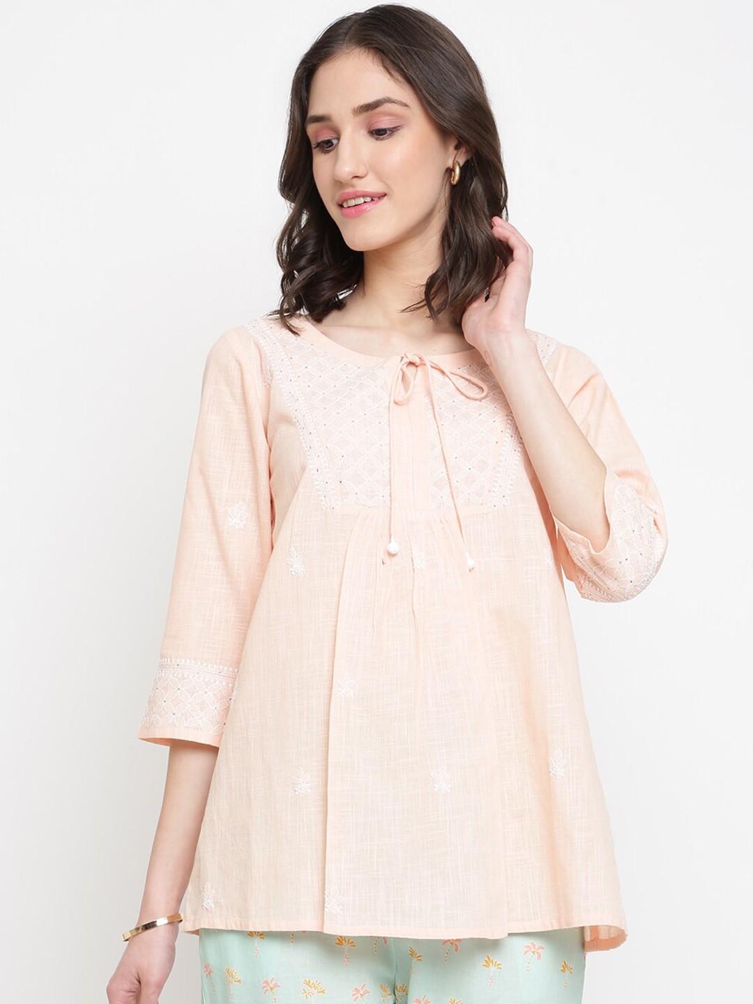 

Fabindia Women Peach-Coloured Ethnic Motifs Thread Work Kurta