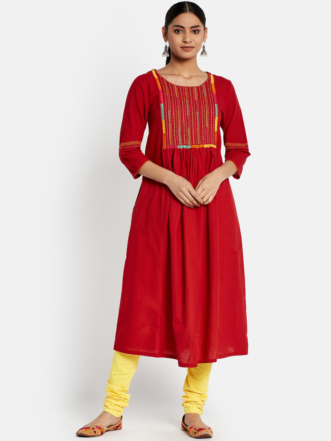 

Fabindia Women Red Ethnic Motifs Yoke Design Flared Sleeves Thread Work Kurta