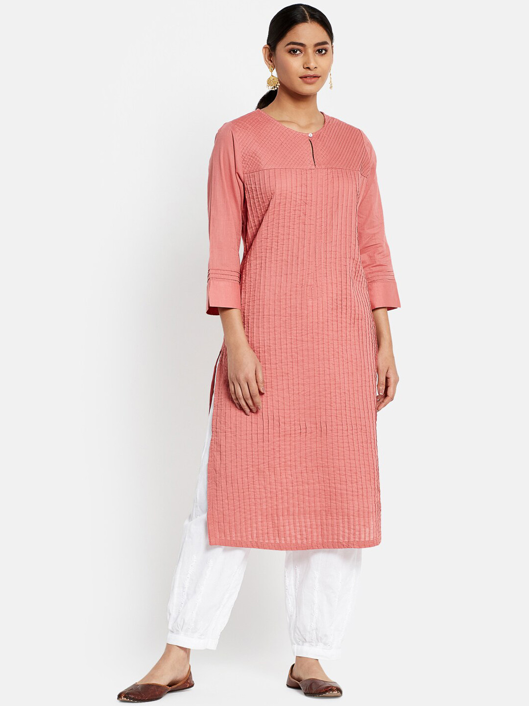 

Fabindia Women Coral Striped Keyhole Neck Cotton Kurta