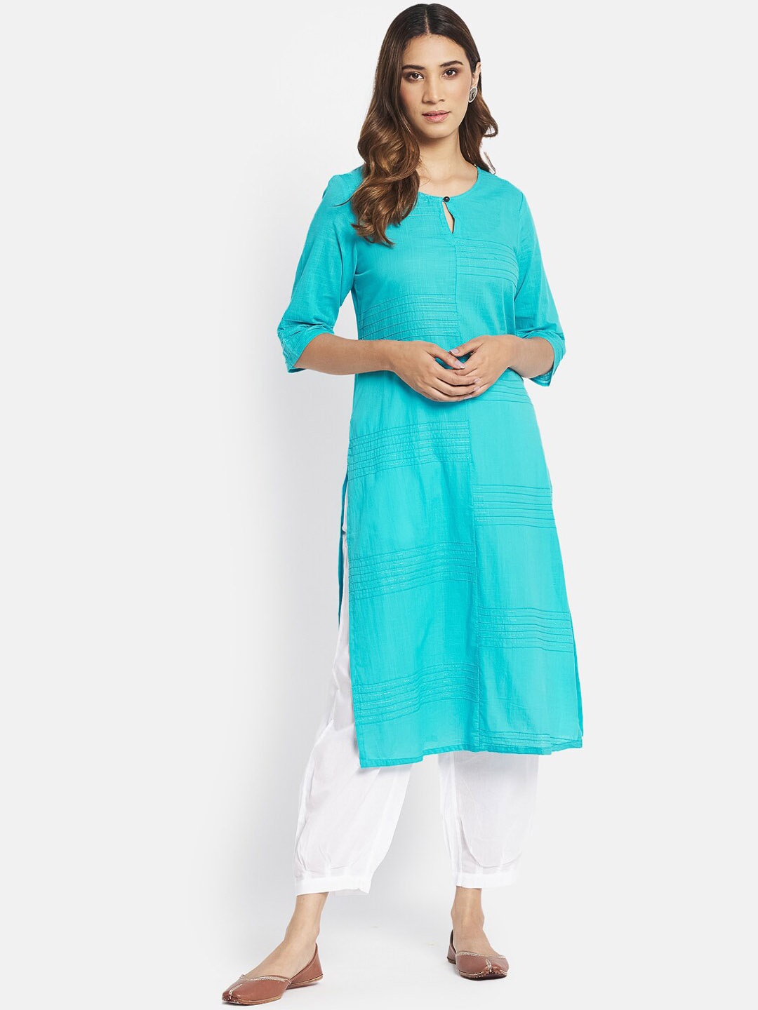 

Fabindia Women Turquoise Blue Striped Keyhole Neck Cotton Kurta