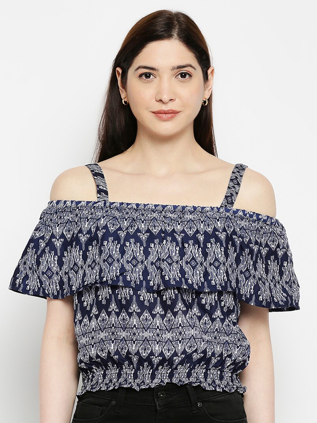 

Pretty Awesome Women Multicoloured Print Off-Shoulder Ruffles Crepe Bardot Crop Top, Multi