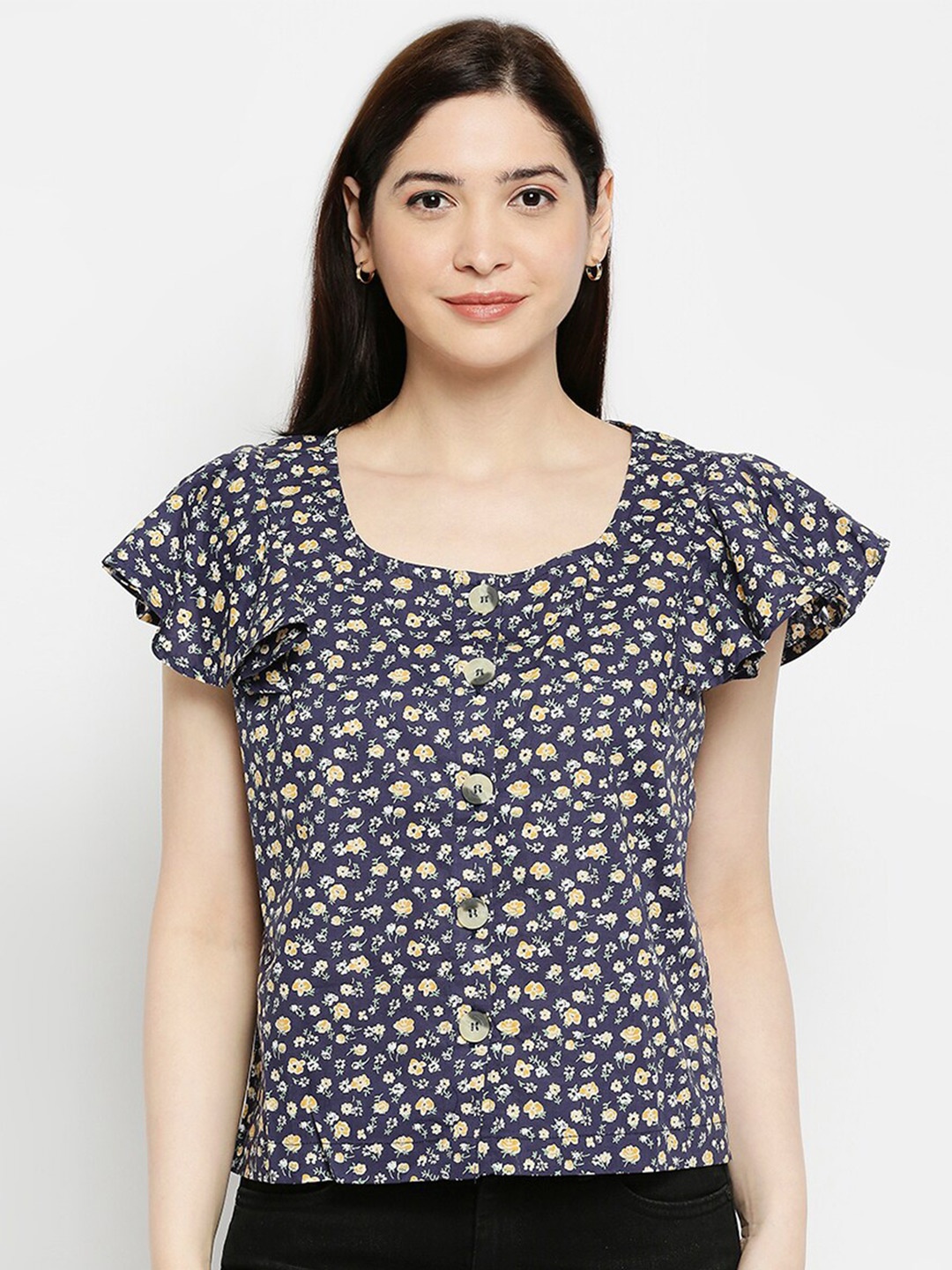 

Pretty Awesome Women Navy Blue Floral Print Crepe Top