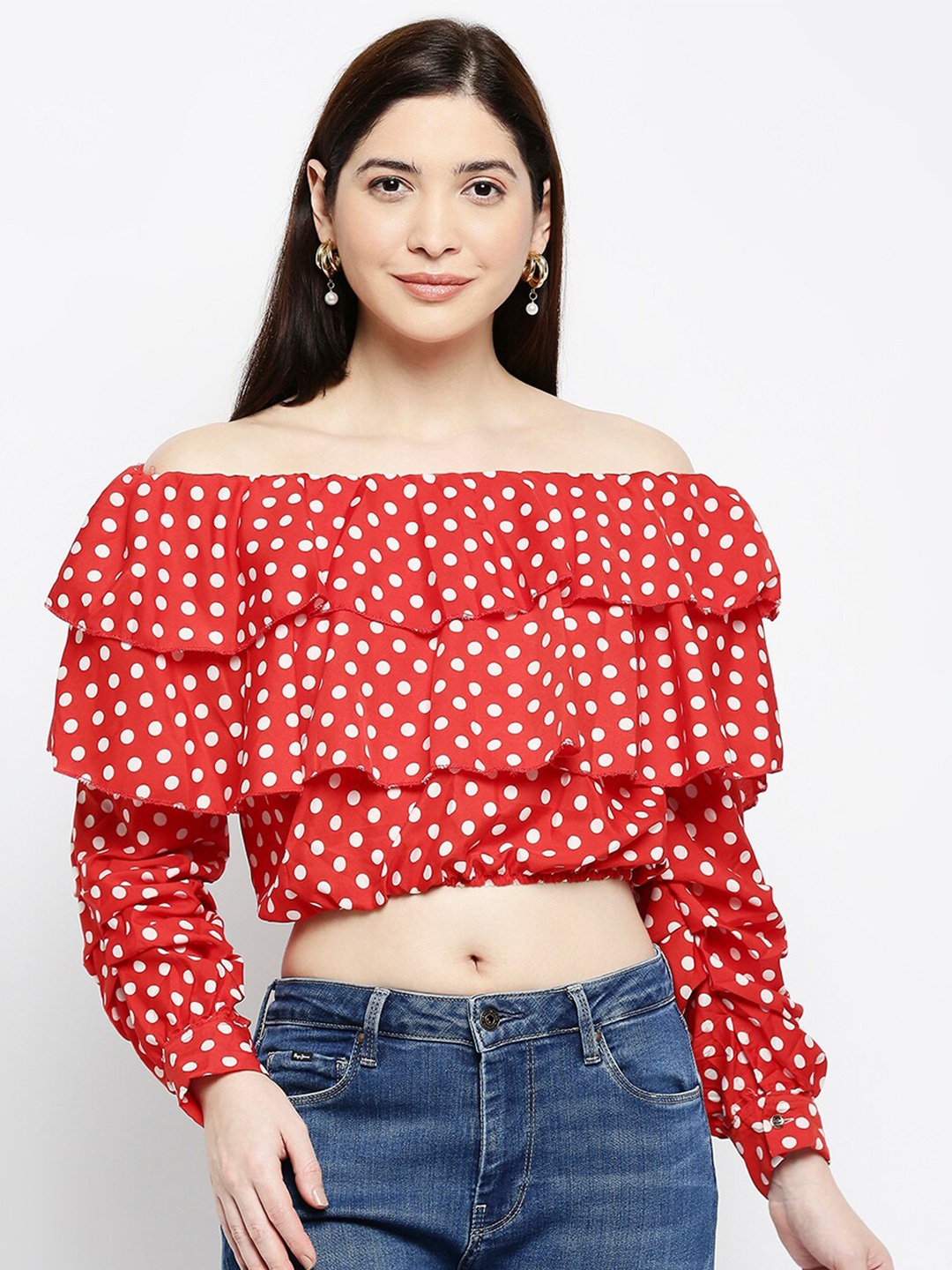 

Pretty Awesome Women Red Print Off-Shoulder Ruffles Crepe Bardot Crop Top