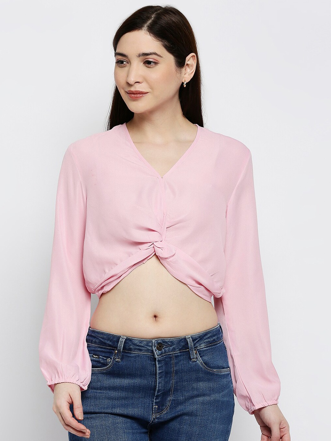 

Pretty Awesome Women Pink Twisted Crepe Bardot Crop Top