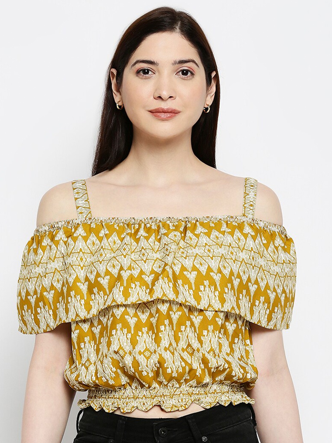 

Pretty Awesome Women Multicoloured Geometric Print Off-Shoulder Crepe Bardot Top, Multi