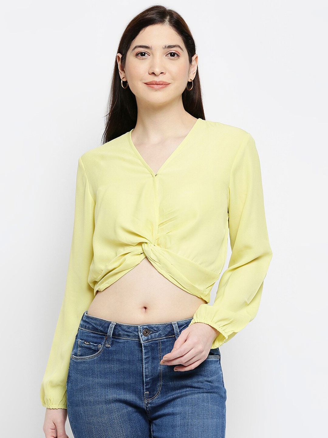 

Pretty Awesome Women Yellow Twisted Crepe Bardot Crop Top