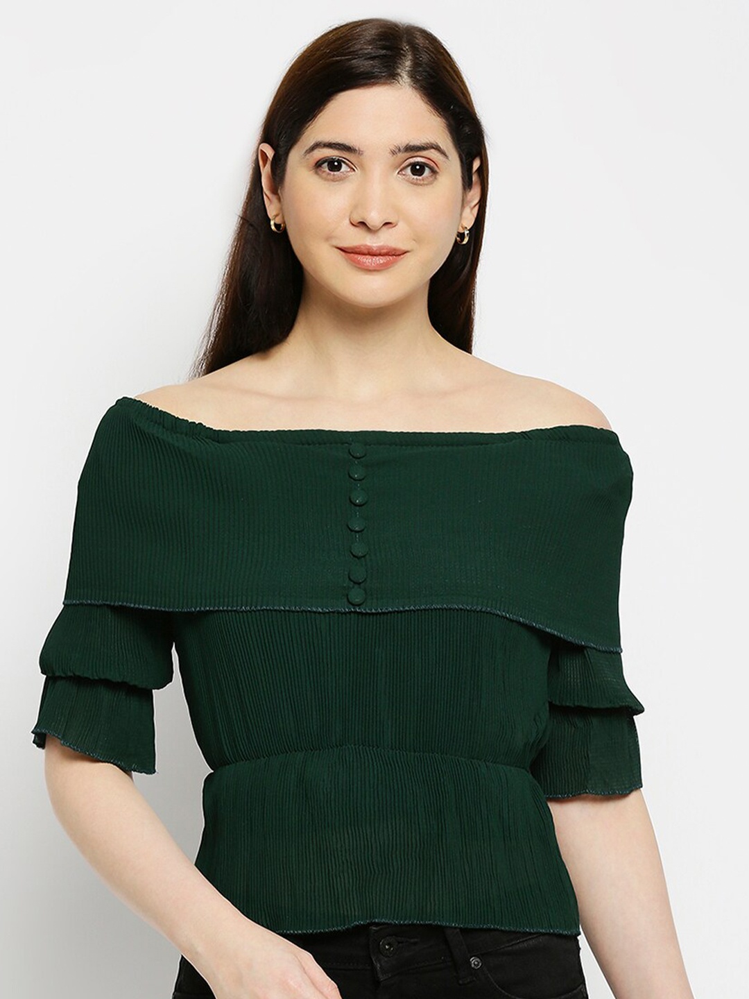 

Pretty Awesome Women Green Off-Shoulder Ruffles Crepe Bardot Top