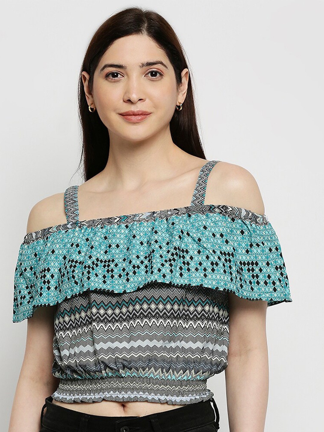 

Pretty Awesome Women Multicoloured Geometric Print Off-Shoulder Ruffles Crepe Bardot Crop Top, Multi