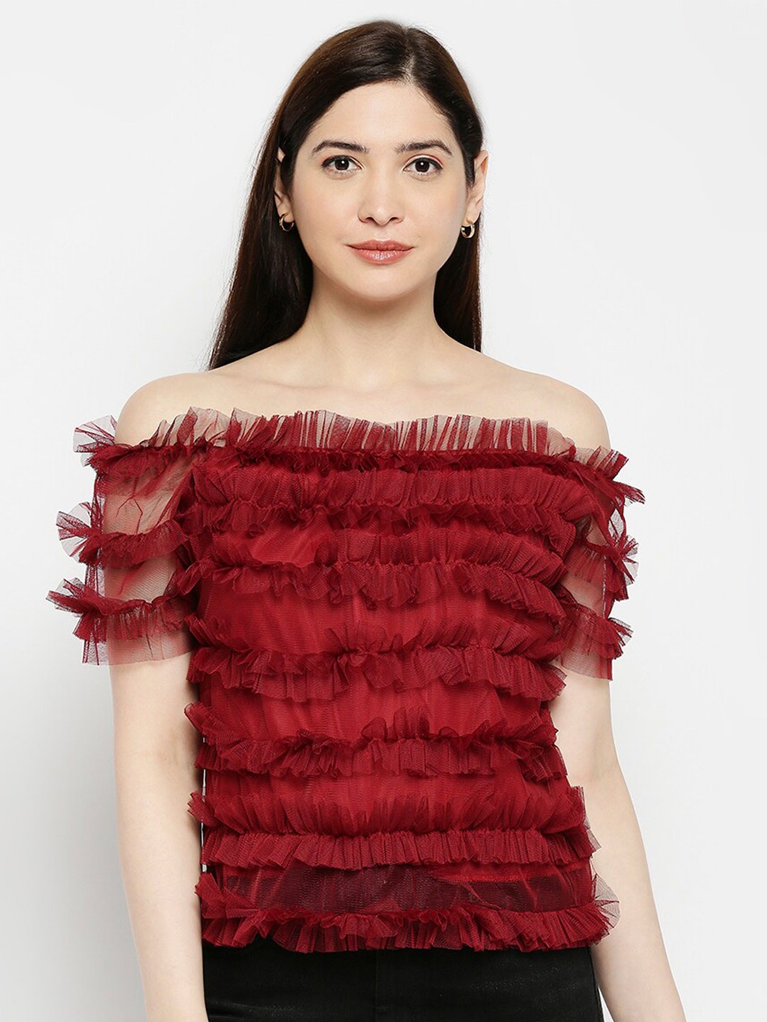 

Pretty Awesome Women Maroon Embellished Off-Shoulder Ruffles Net Top