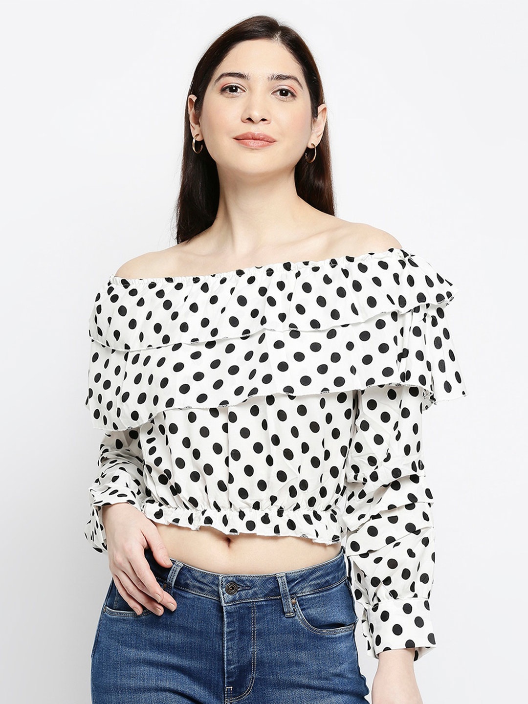 

Pretty Awesome Women White Print Off-Shoulder Ruffles Crepe Bardot Crop Top