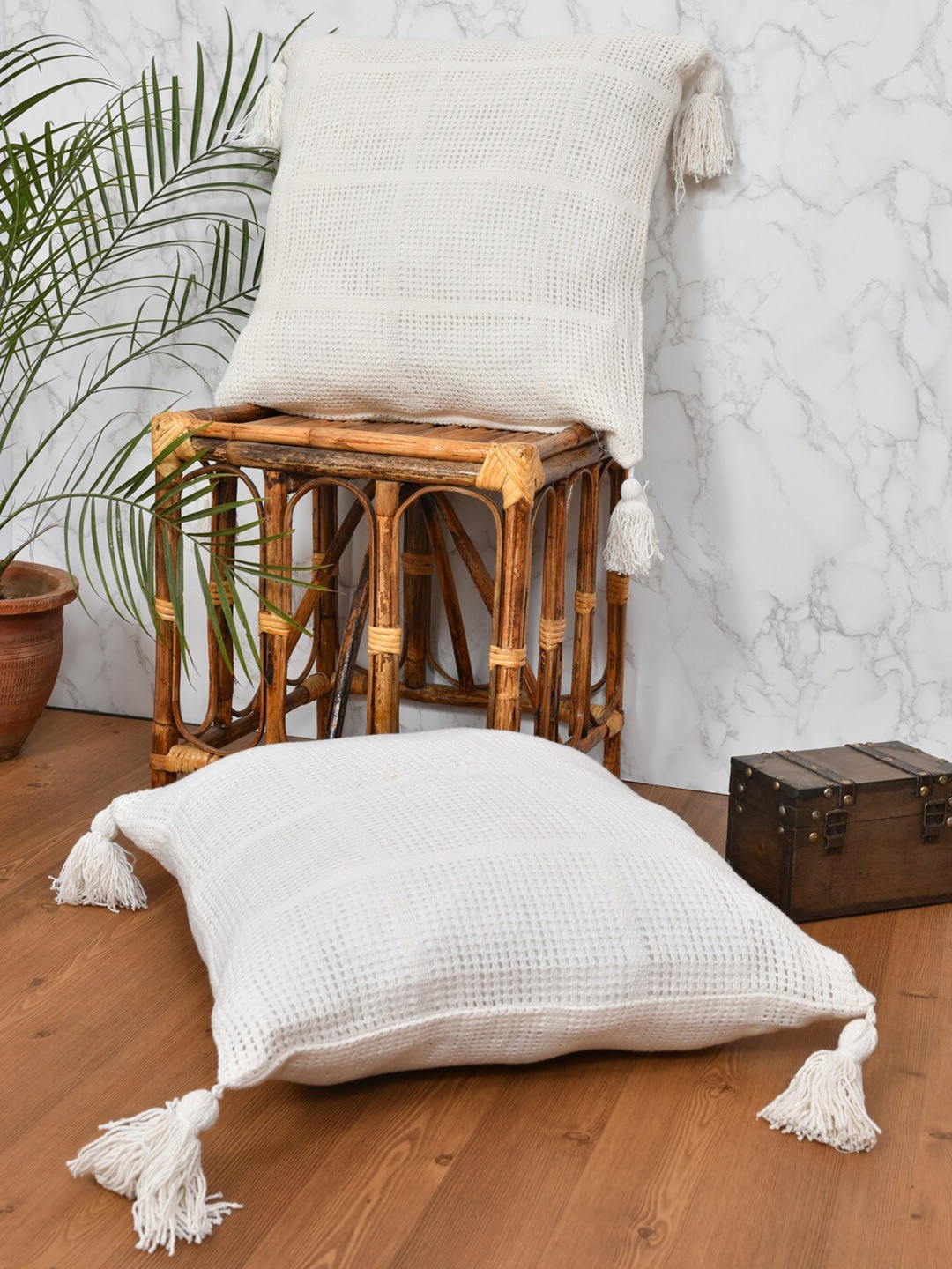 

Gulaab Jaipur White Set of 2 16" X 16" Geometric Square Jute Cotton Cushion Covers