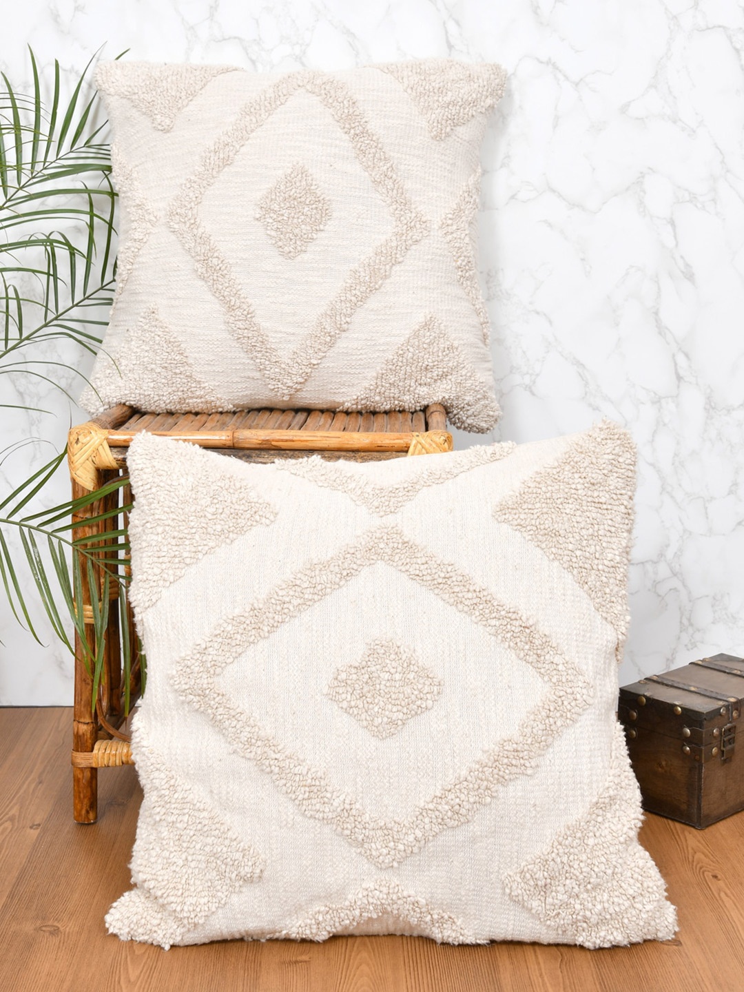 

Gulaab Jaipur White Set of 2 16" X 16" Geometric Square Jute Cotton Cushion Covers
