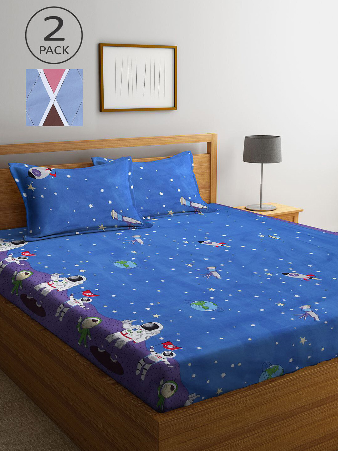 

KLOTTHE Blue & Pink Printed 210 TC 2 King Bedsheet with 4 Pillow Covers