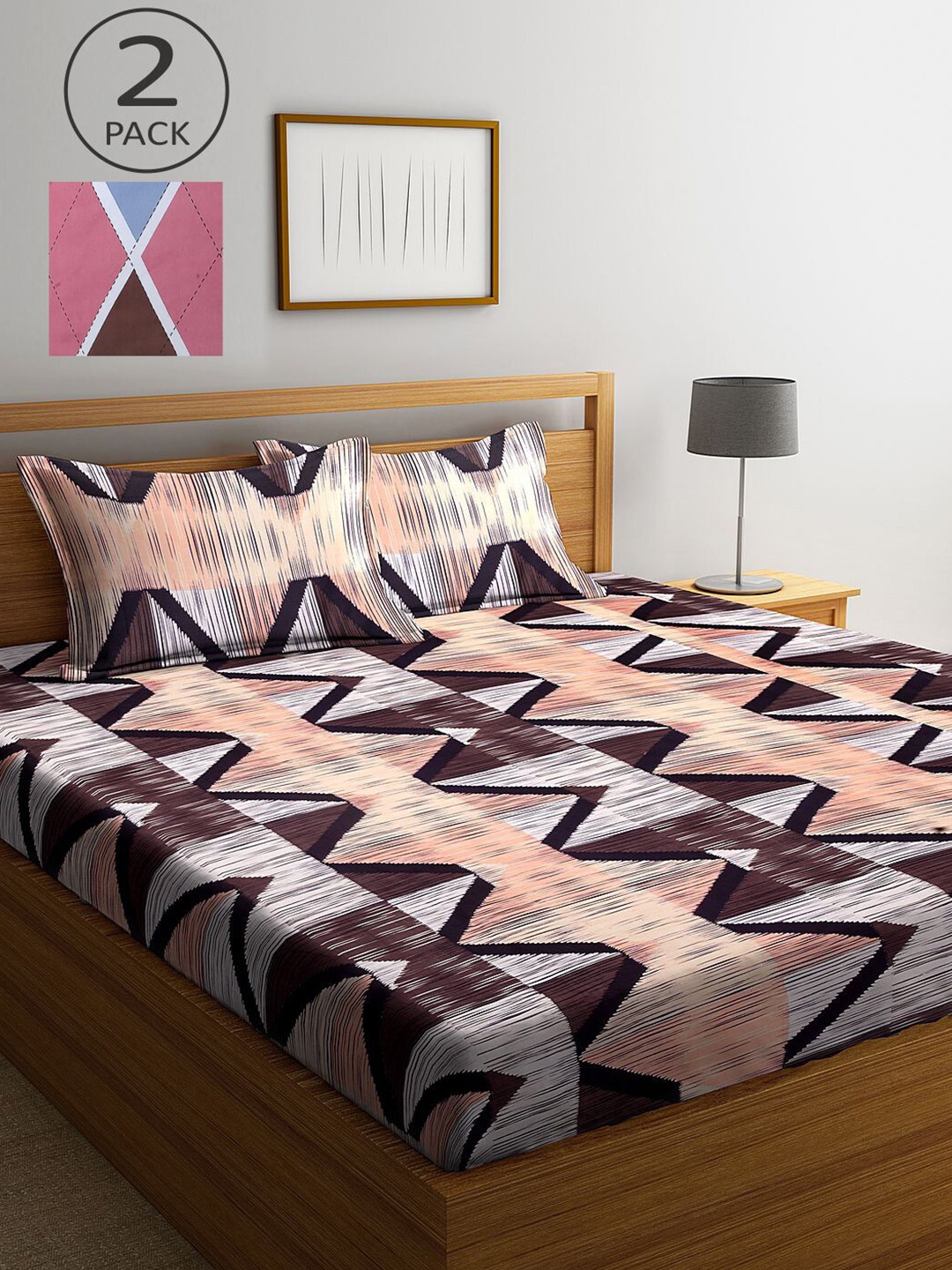 

KLOTTHE Brown & Pink Geometric 210 TC 2 King Bedsheet with 4 Pillow Covers