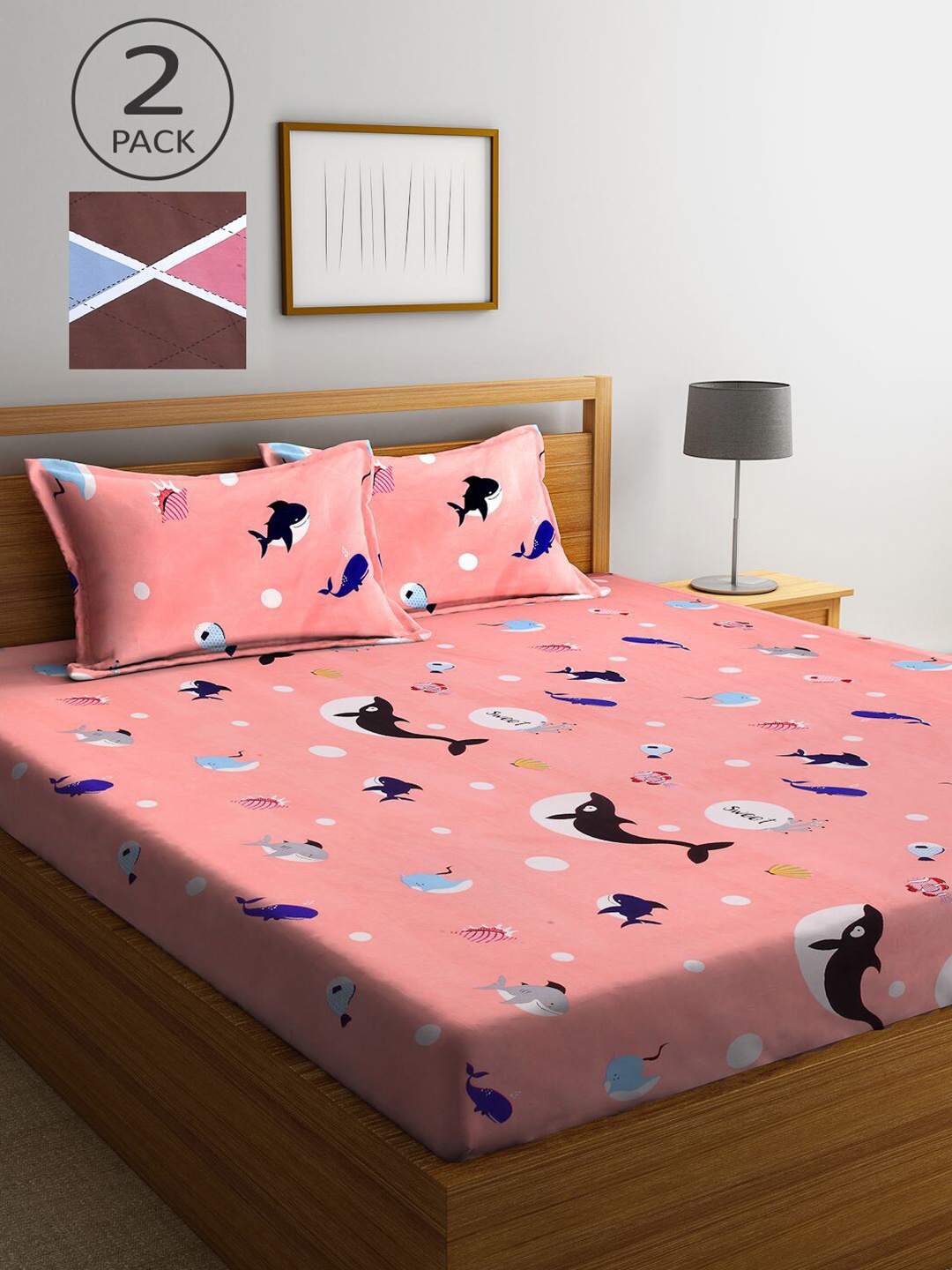 

KLOTTHE Peach & Blue Printed 210 TC 2 King Bedsheet with 4 Pillow Covers