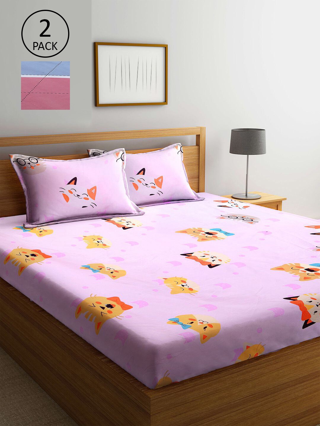 

KLOTTHE Pink & Blue Cartoon Characters 210 TC 2 King Bedsheet with 4 Pillow Covers