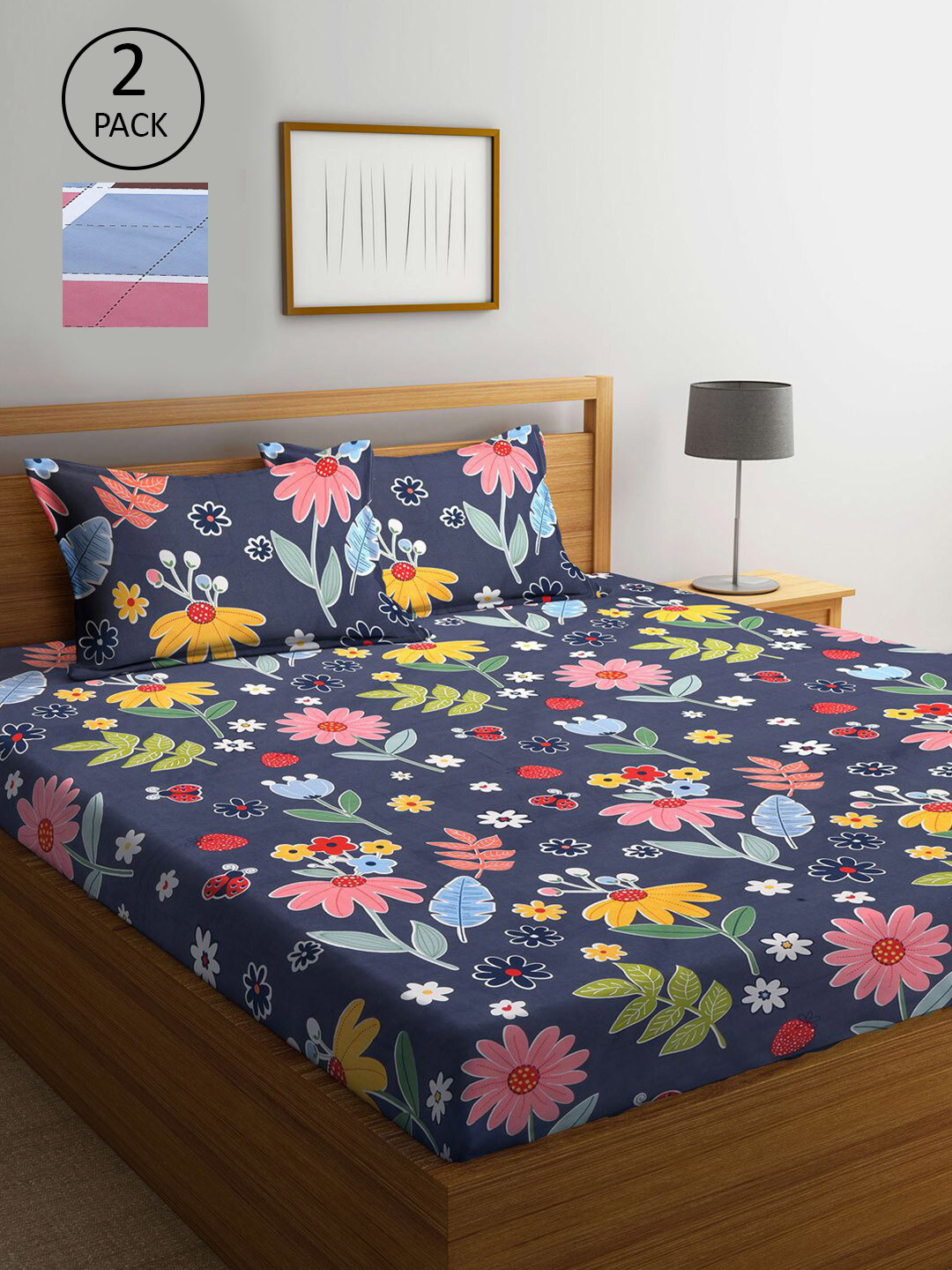 

KLOTTHE Navy Blue & Peach Printed 210 TC 2 King Bedsheet with 4 Pillow Covers