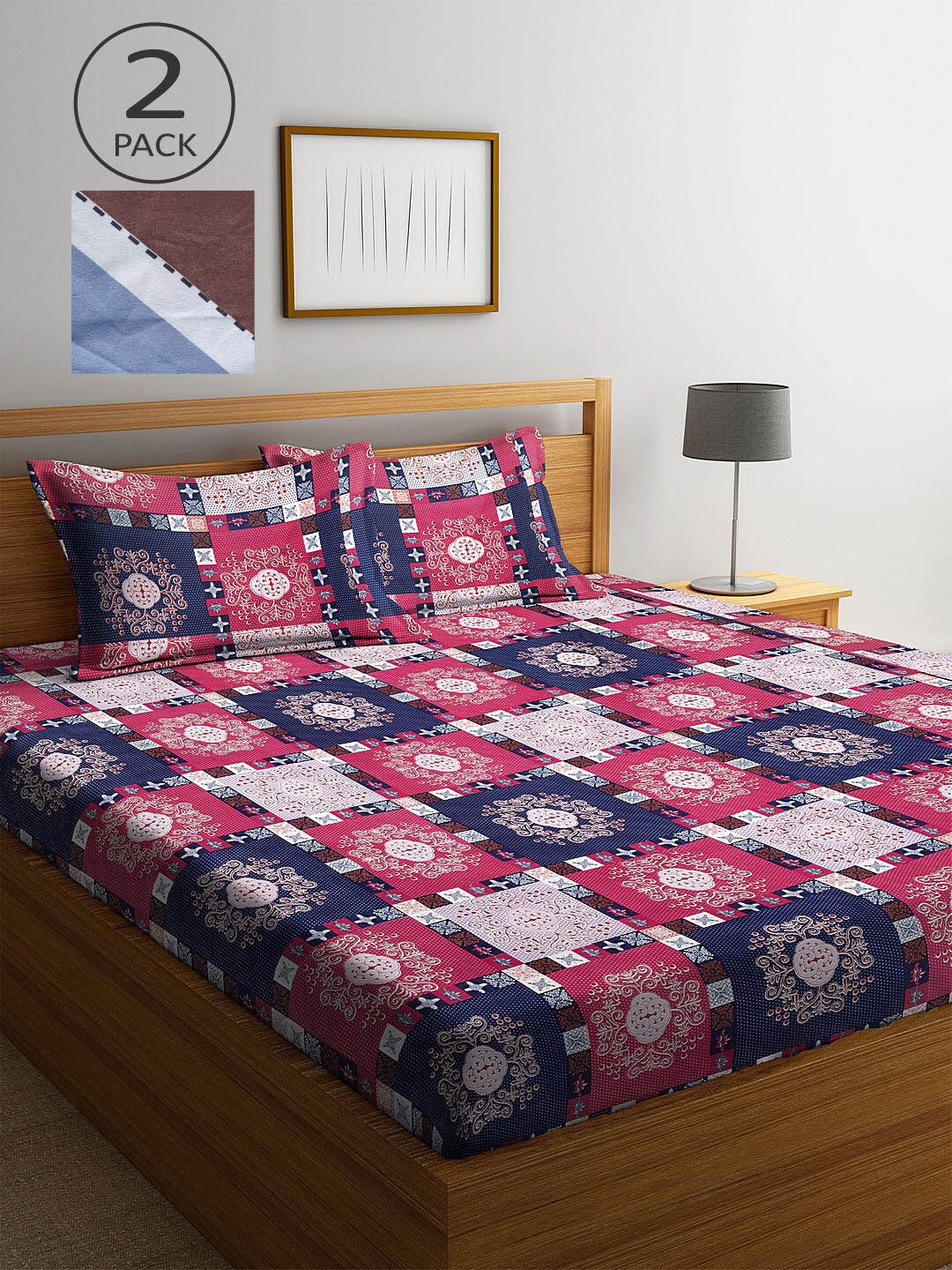 

KLOTTHE Magenta & Blue Printed 210 TC 2 King Bedsheet with 4 Pillow Covers