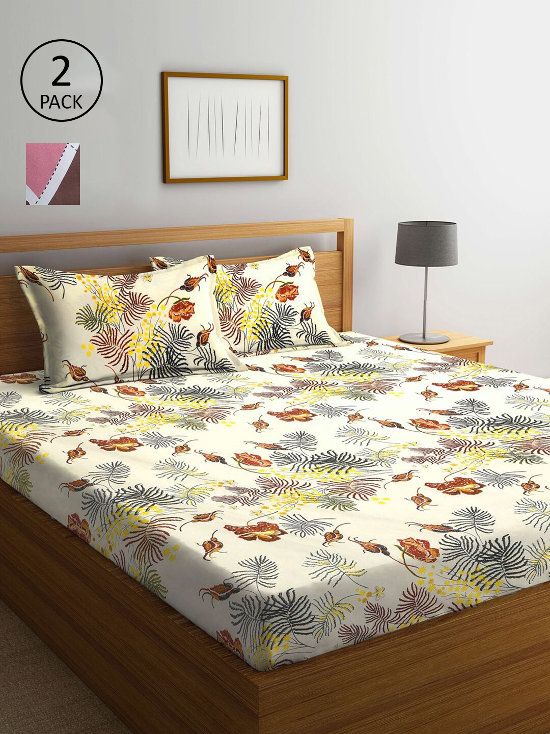 

KLOTTHE Cream & Pink Printed 210 TC 2 King Bedsheet with 4 Pillow Covers