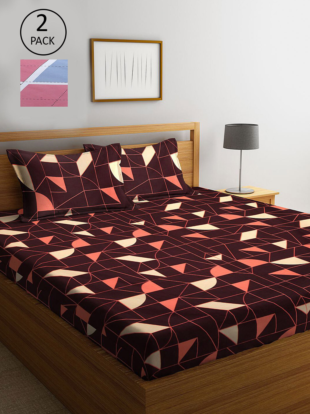 

KLOTTHE Maroon & Blue Geometric 210 TC 2 King Bedsheet with 4 Pillow Covers
