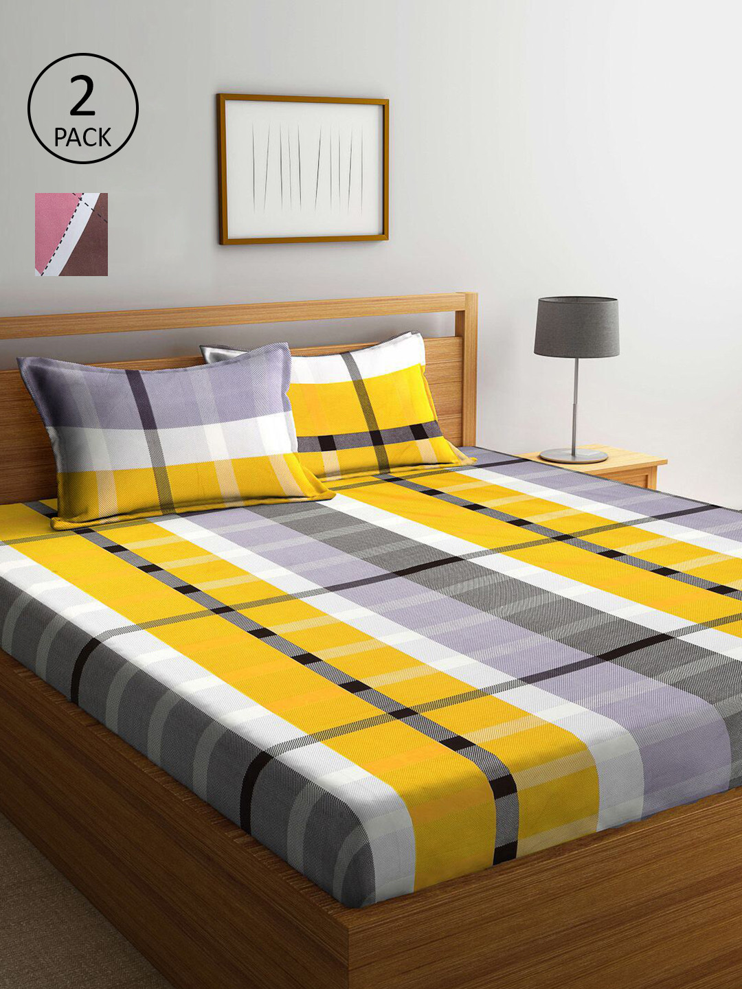 

KLOTTHE Grey & Yellow Geometric 210 TC 2 King Bedsheet with 4 Pillow Covers