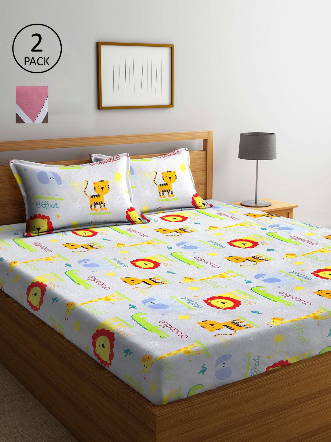 

KLOTTHE Pink & Grey Geometric 210 TC 2 King Bedsheet with 4 Pillow Covers