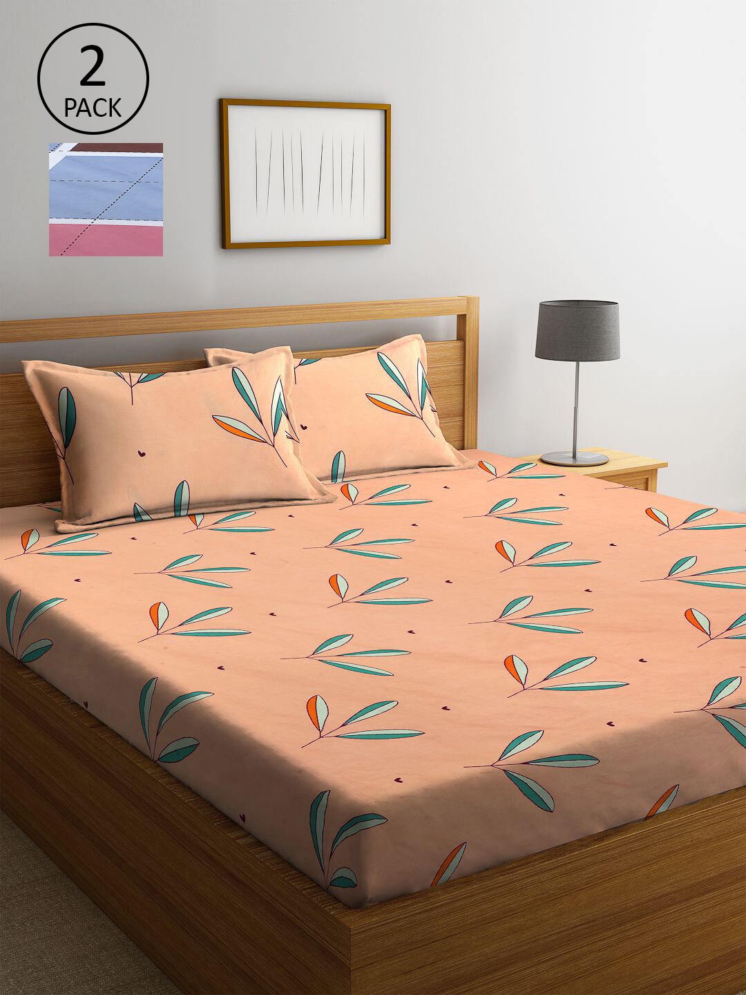 

KLOTTHE Peach & Pink Printed 210 TC 2 King Bedsheet with 4 Pillow Covers