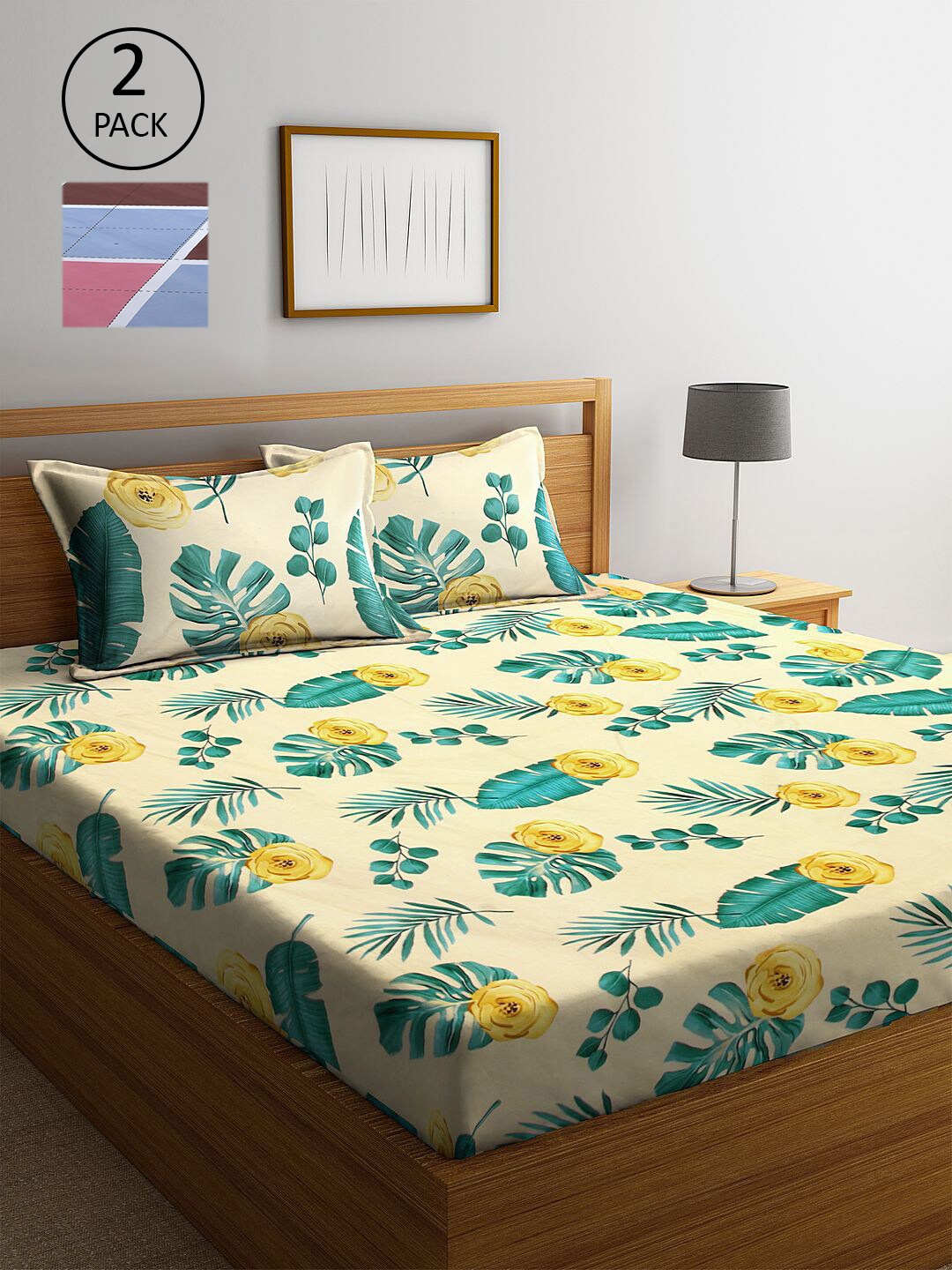 

KLOTTHE Yellow & Blue Geometric 210 TC 2 King Bedsheet with 4 Pillow Covers