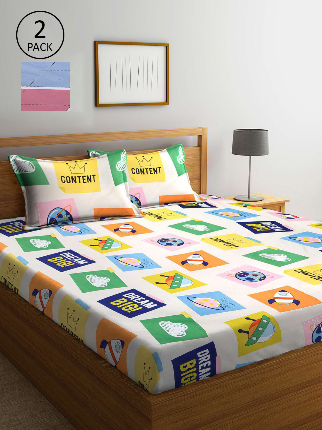

KLOTTHE Pink & Yellow Conversational 210 TC 2 King Bedsheet with 4 Pillow Covers