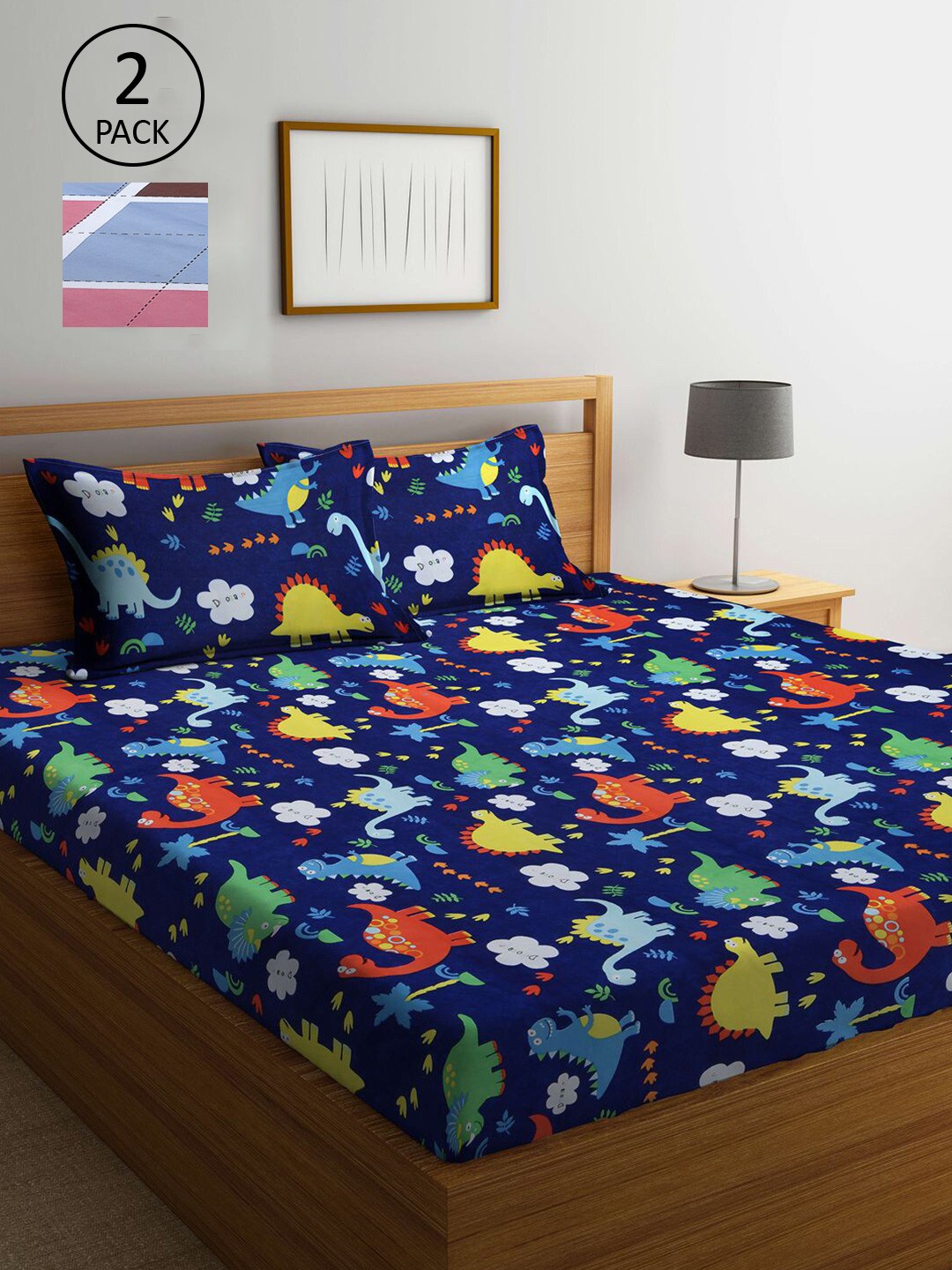 

KLOTTHE Navy Blue & Pink Printed 210 TC 2 King Bedsheet with 4 Pillow Covers