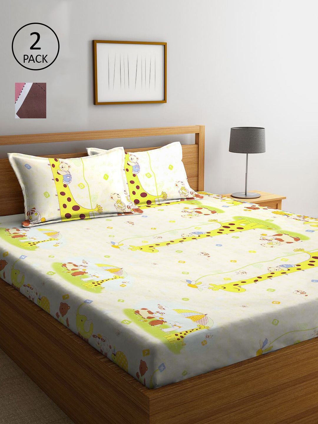 

KLOTTHE Cream & Pink Printed 210 TC 2 King Bedsheet with 4 Pillow Covers