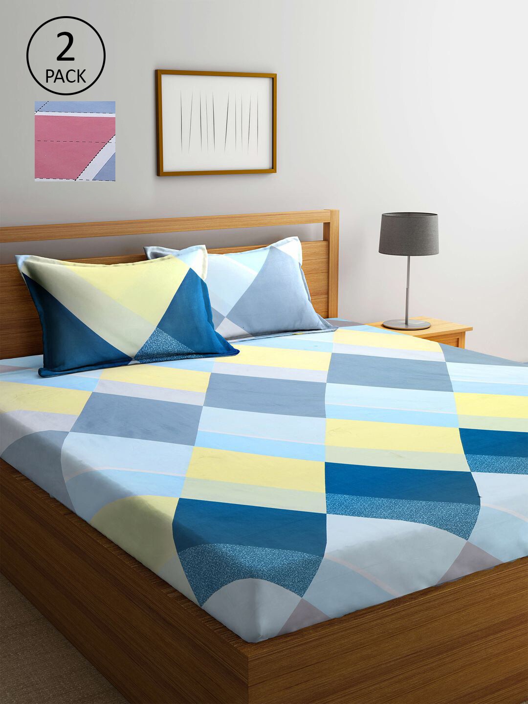 

KLOTTHE Blue & Yellow Geometric 210 TC 2 King Bedsheet with 4 Pillow Covers