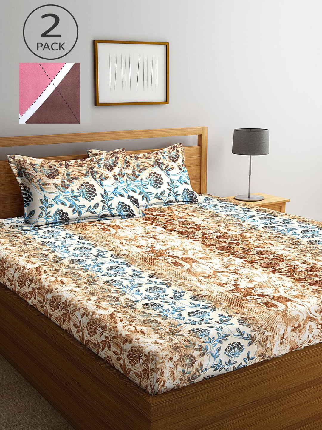 

KLOTTHE Brown & Blue Geometric 210 TC 2 King Bedsheet with 4 Pillow Covers