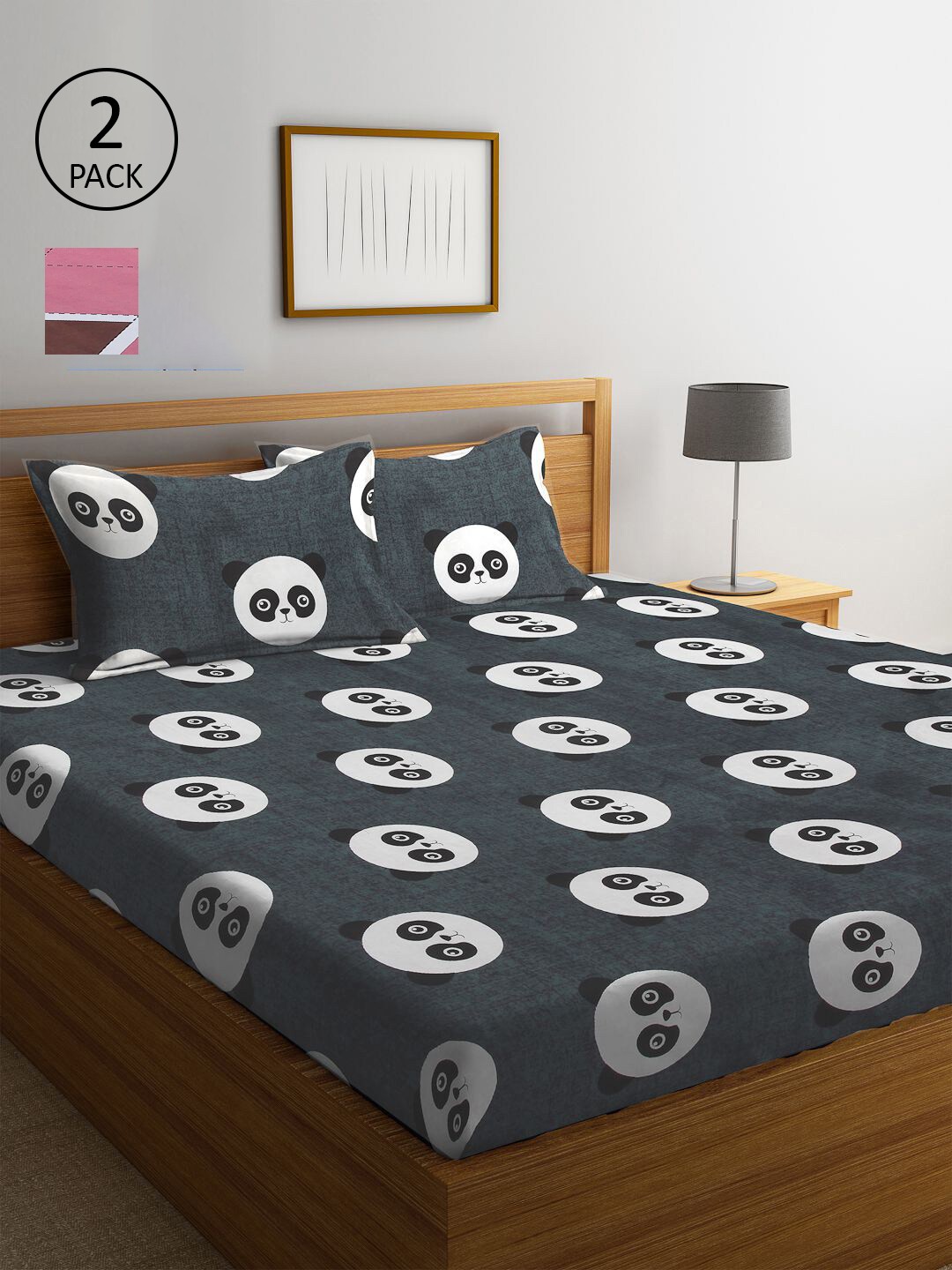 

KLOTTHE Grey & Pink Cartoon Characters 210 TC 2 King Bedsheet with 4 Pillow Covers