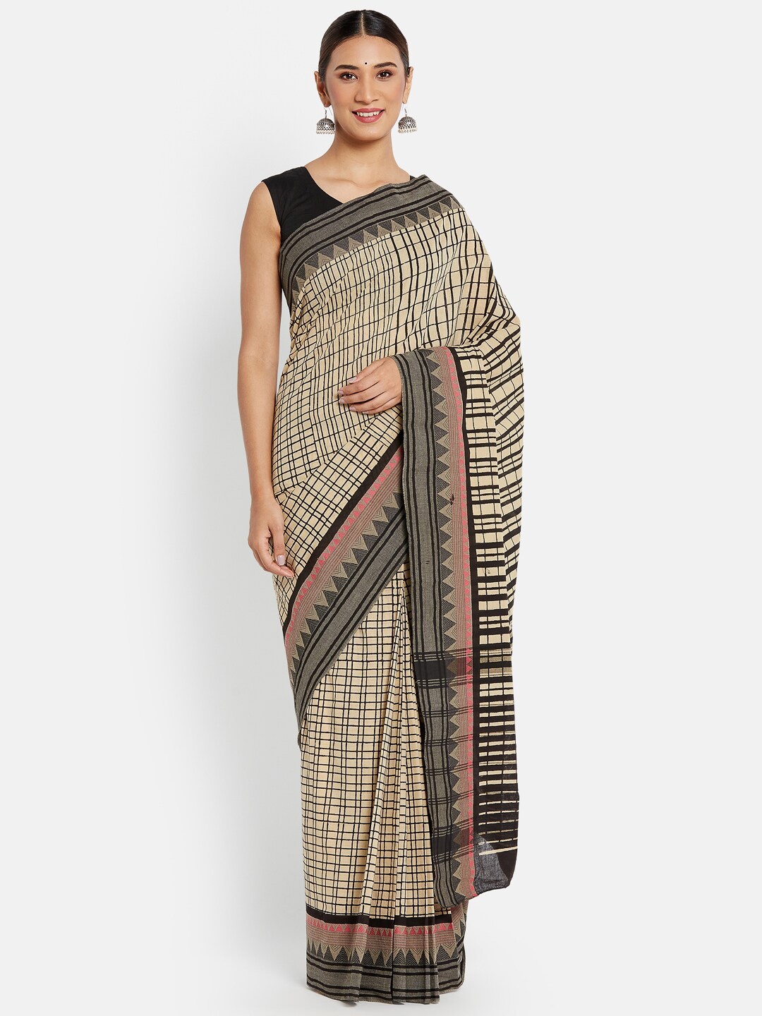 

Fabindia Black & Beige Checked Pure Cotton Saree