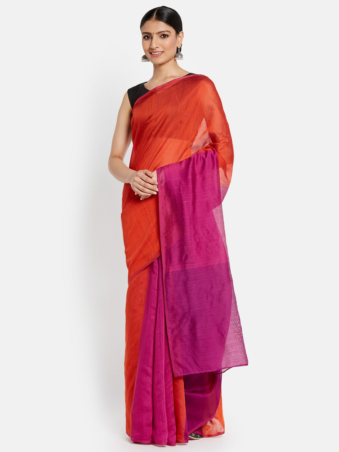 

Fabindia Purple & Orange Colourblocked Modal Blend Woven Saree Saree