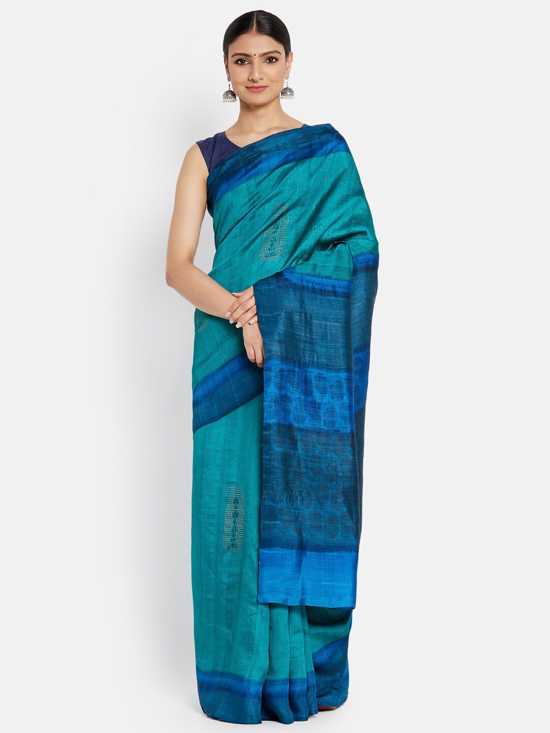 

Fabindia Teal Blue Floral Printed Pure Silk Saree
