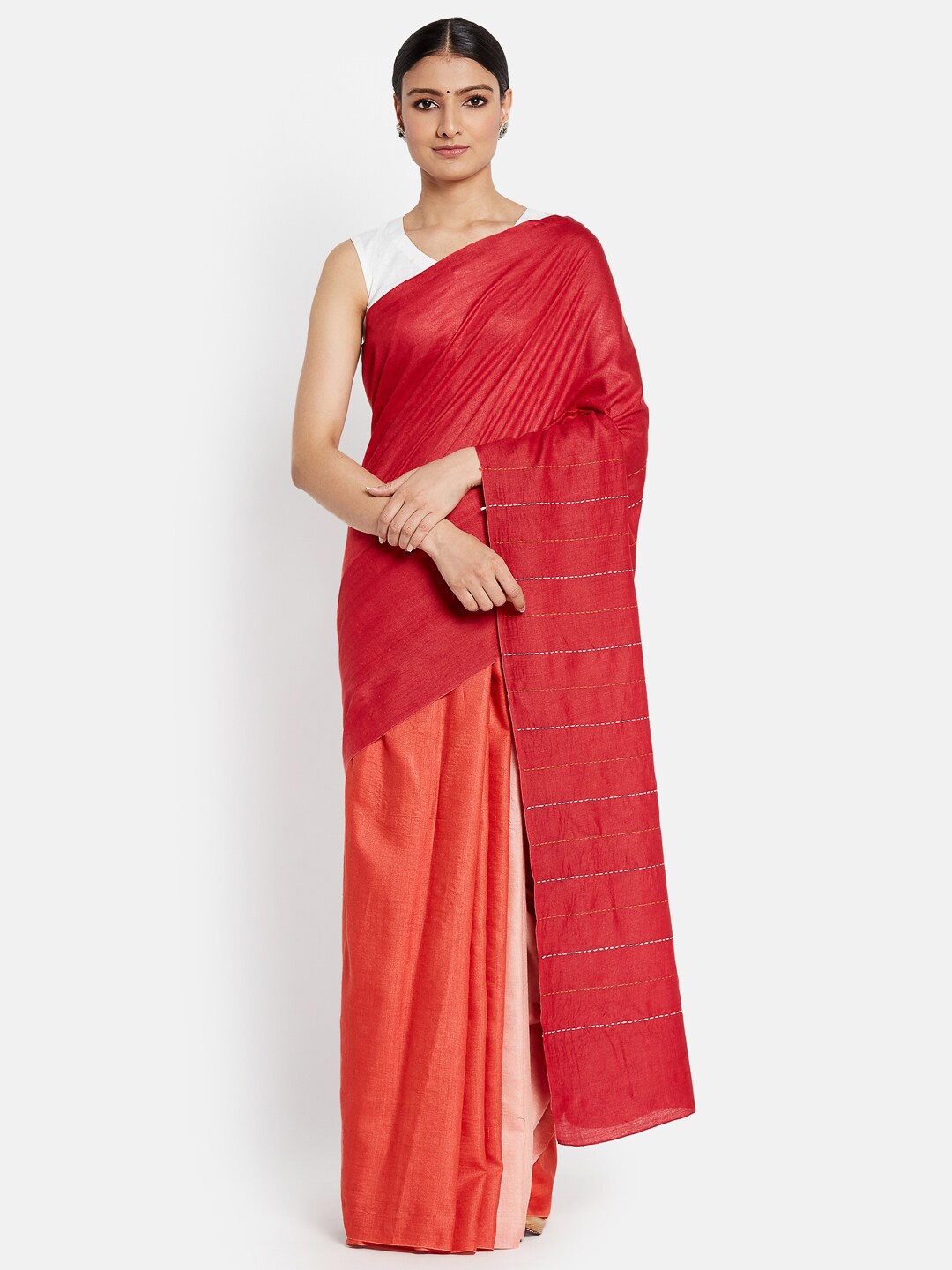 

Fabindia Red & White Colourblocked Pure Silk Saree