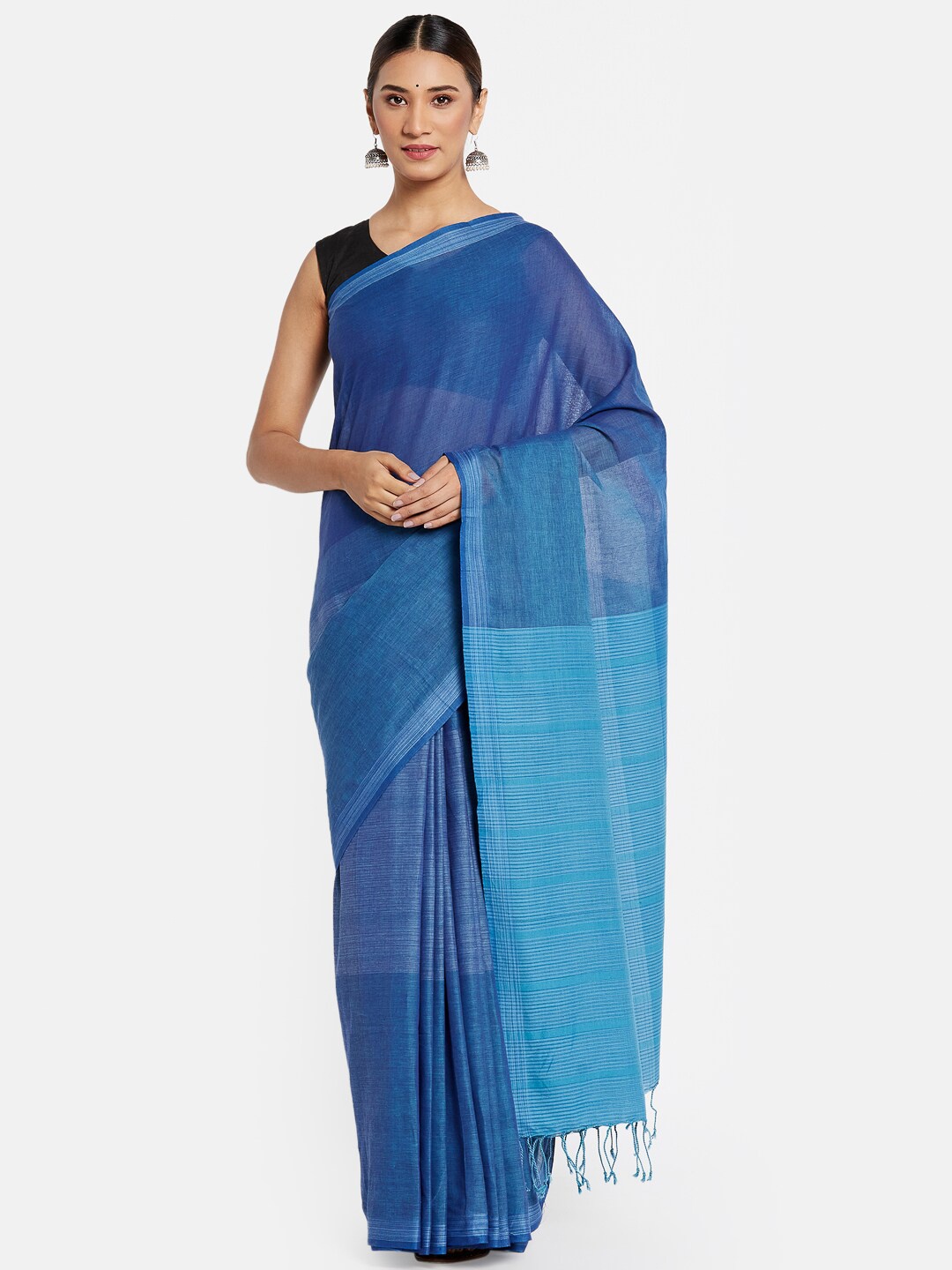 

Fabindia Blue Striped Pure Cotton Saree