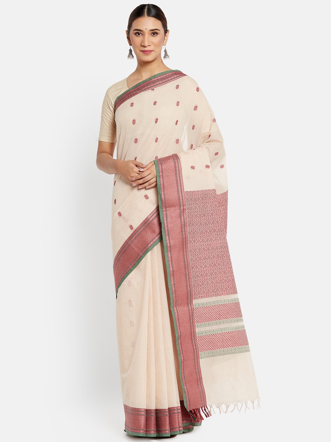 

Fabindia Off White & Red Woven Design Pure Cotton Saree