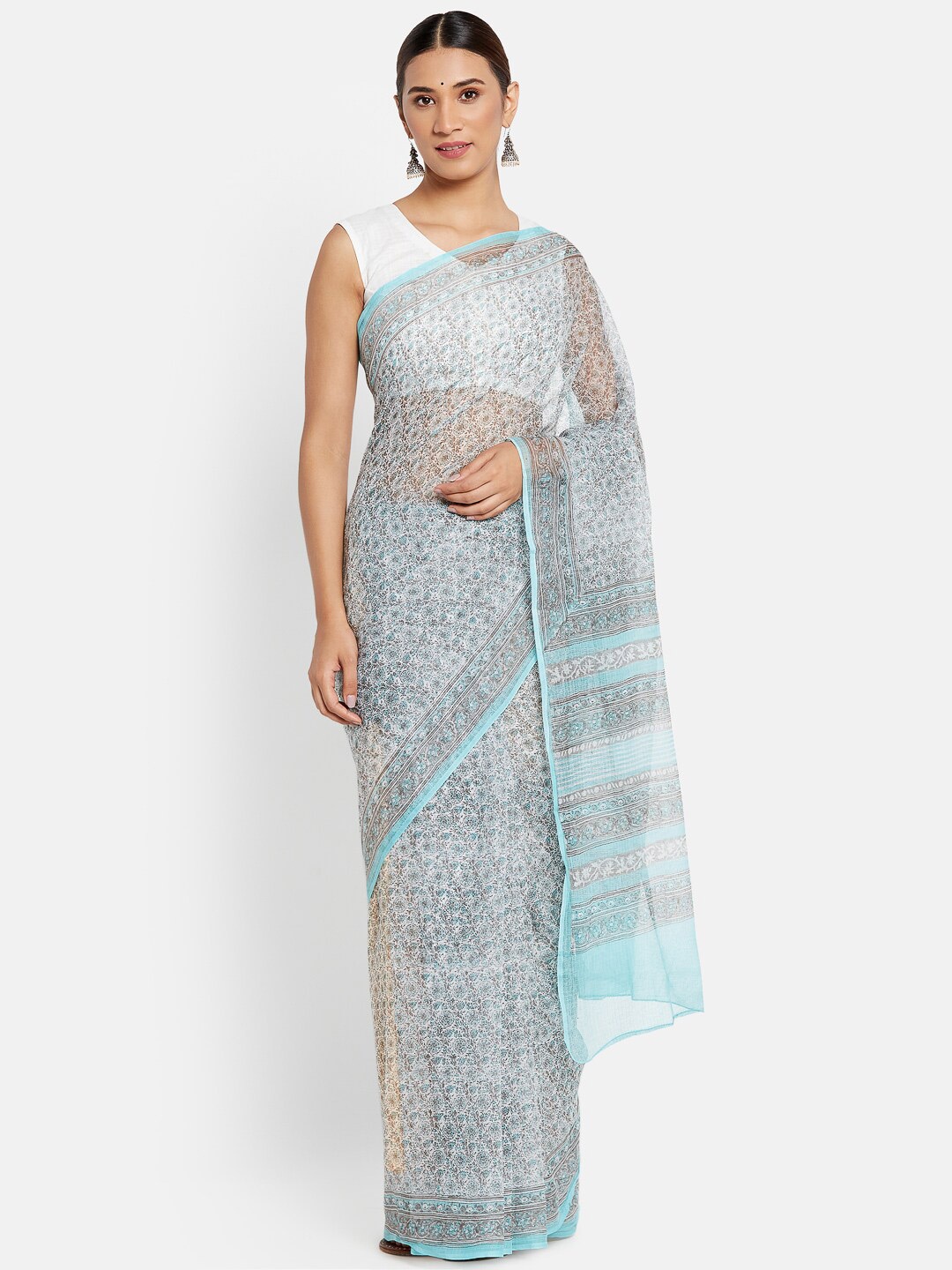 

Fabindia Blue & White Floral Block Print Silk Cotton Saree