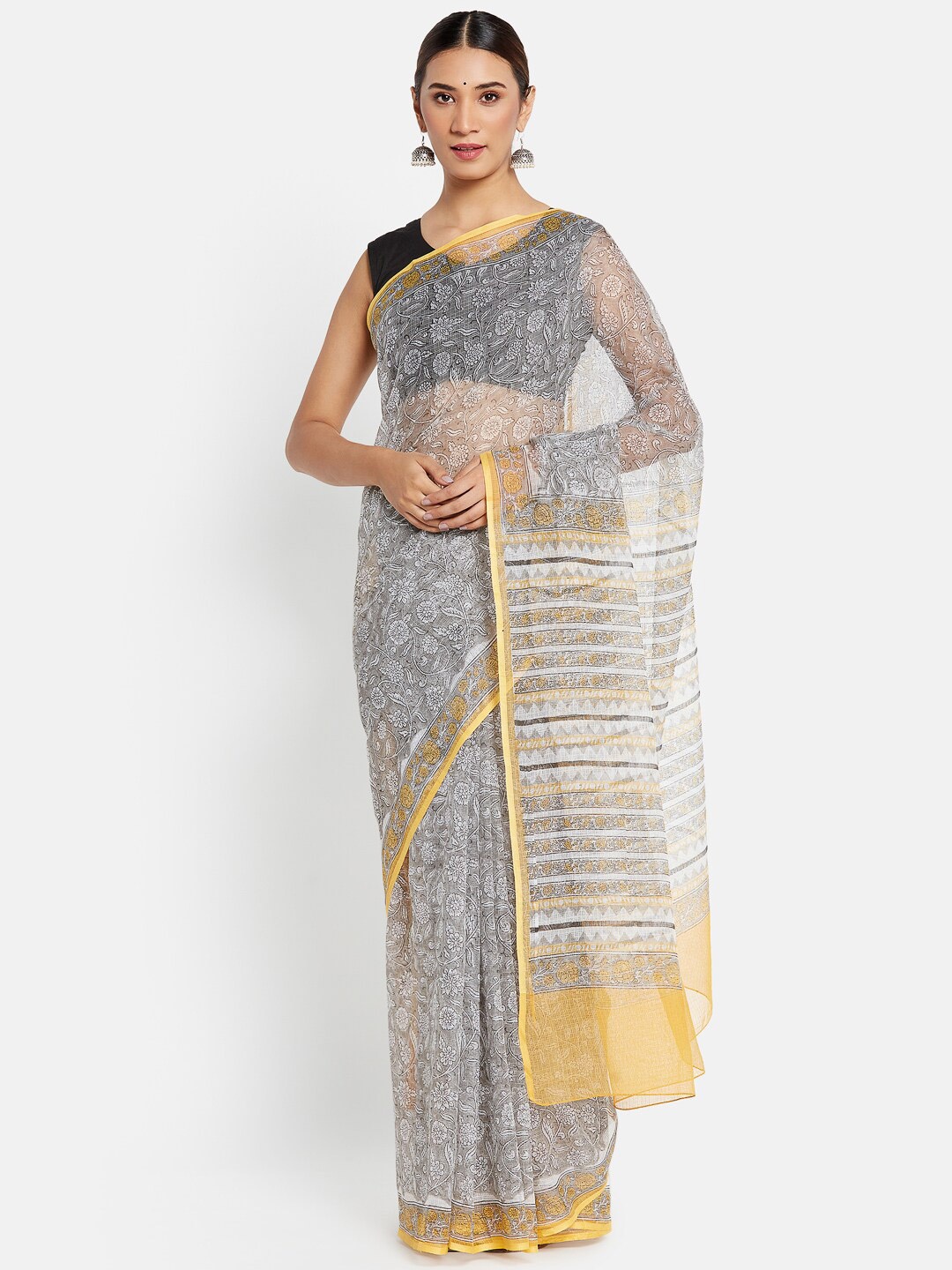 

Fabindia Grey & Yellow Floral Silk Cotton Saree