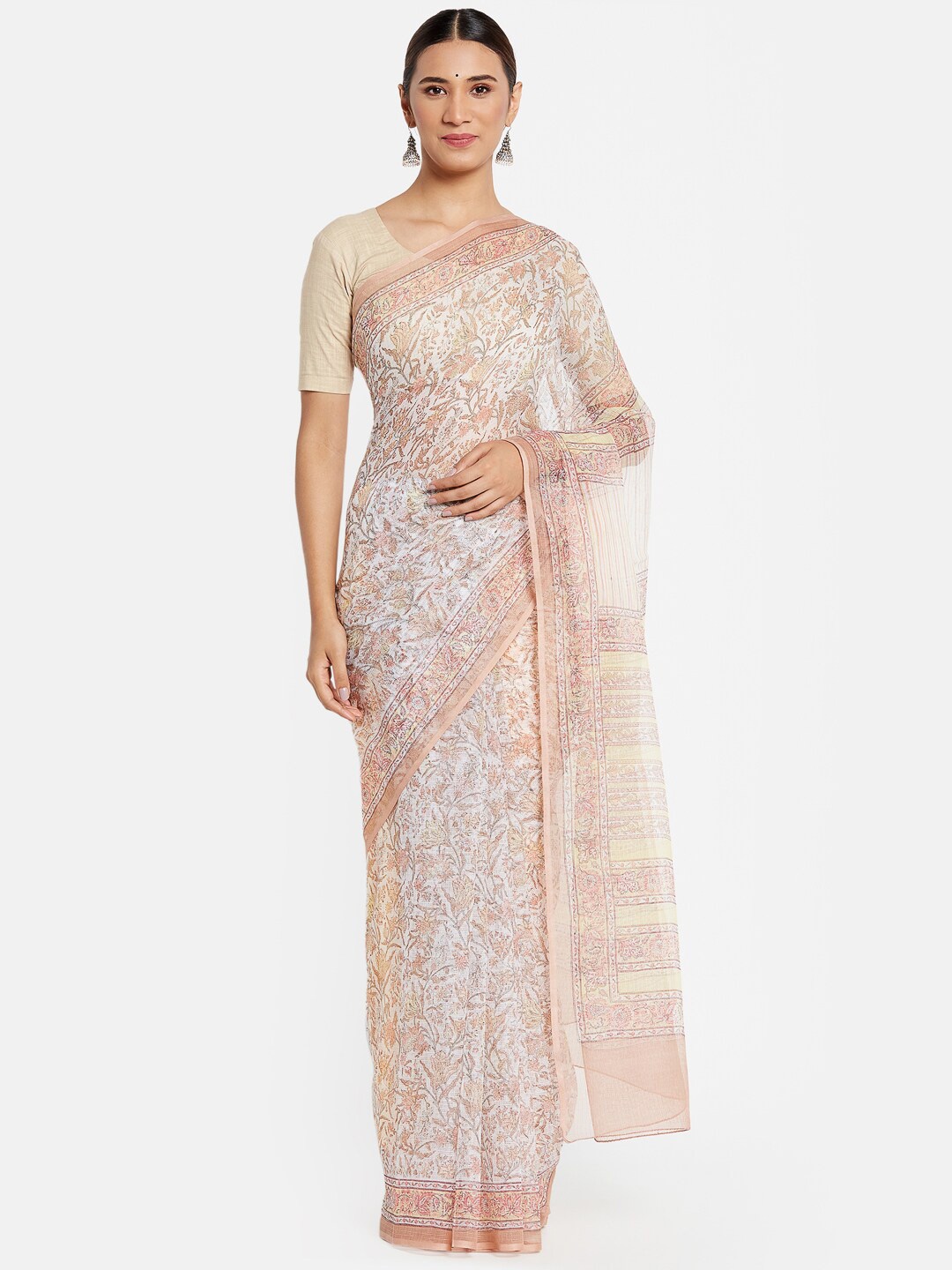 

Fabindia FabBasic Pink & White Floral Printed Silk Cotton Saree