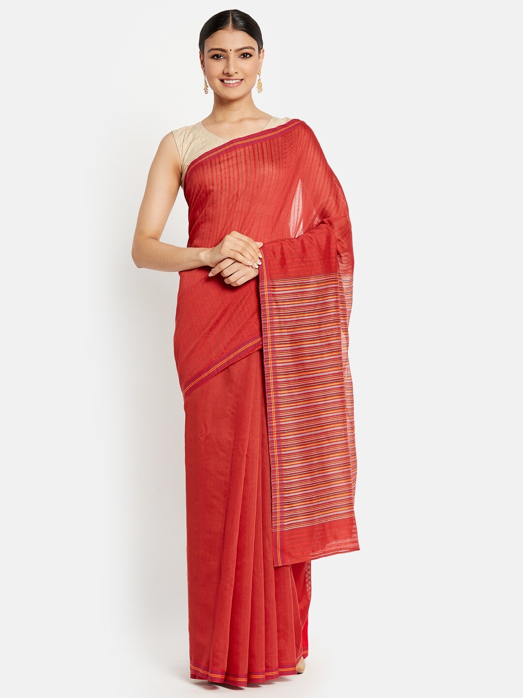 

Fabindia Red & Yellow Modal Blend Striped Saree