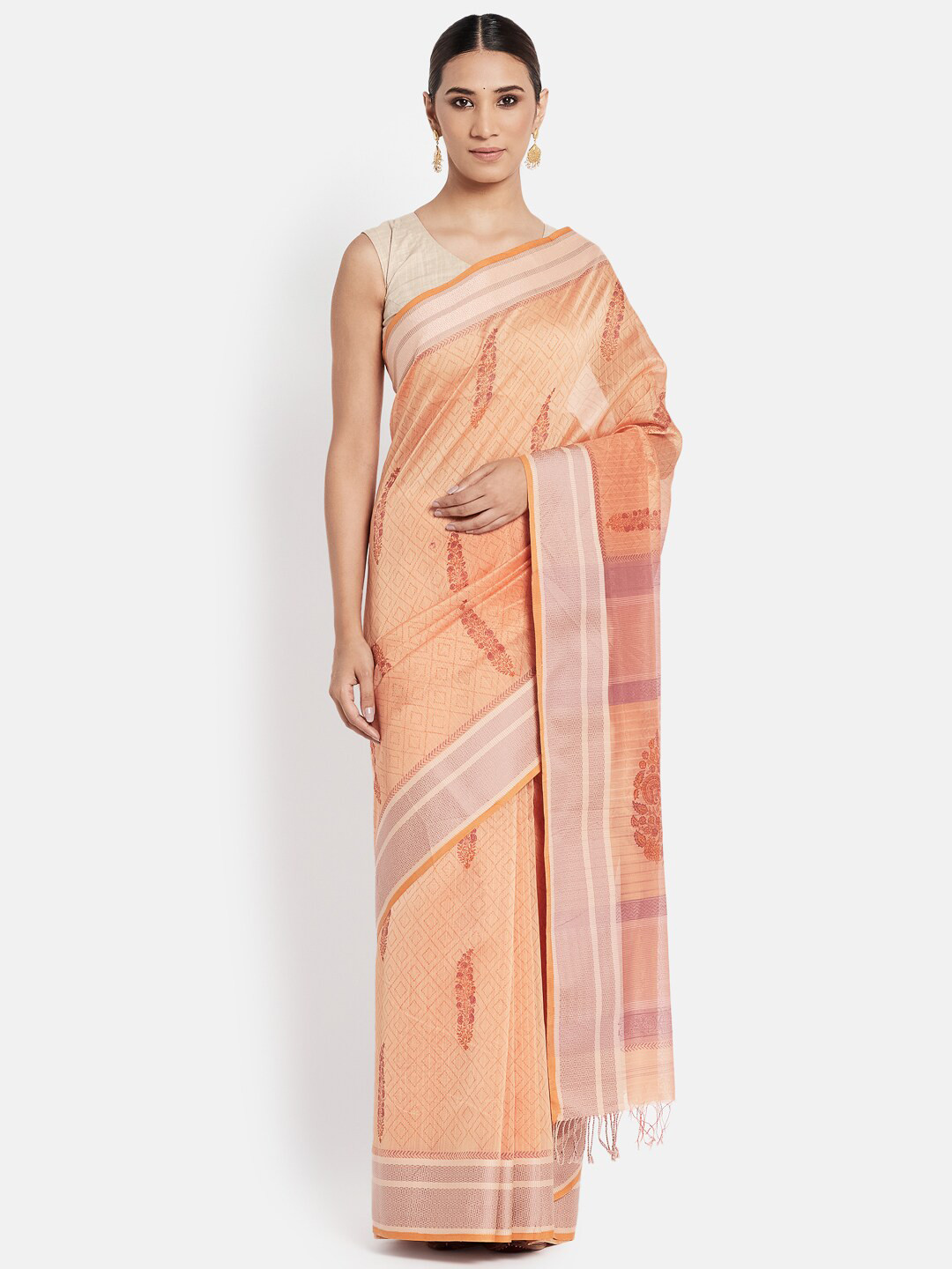 

Fabindia Peach-Coloured Silk Cotton Geometric Saree