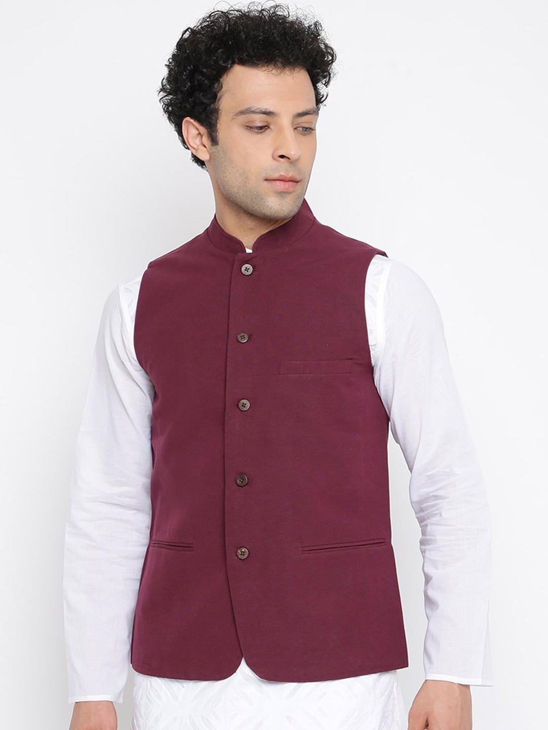 

Fabindia Men Maroon Solid Pure Cotton Nehru Jackets