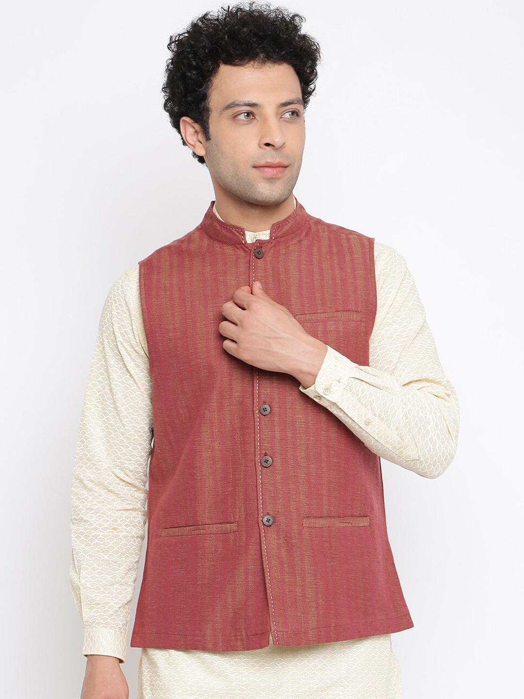 

Fabindia Men Maroon & Beige Striped Cotton Woven Nehru Jackets