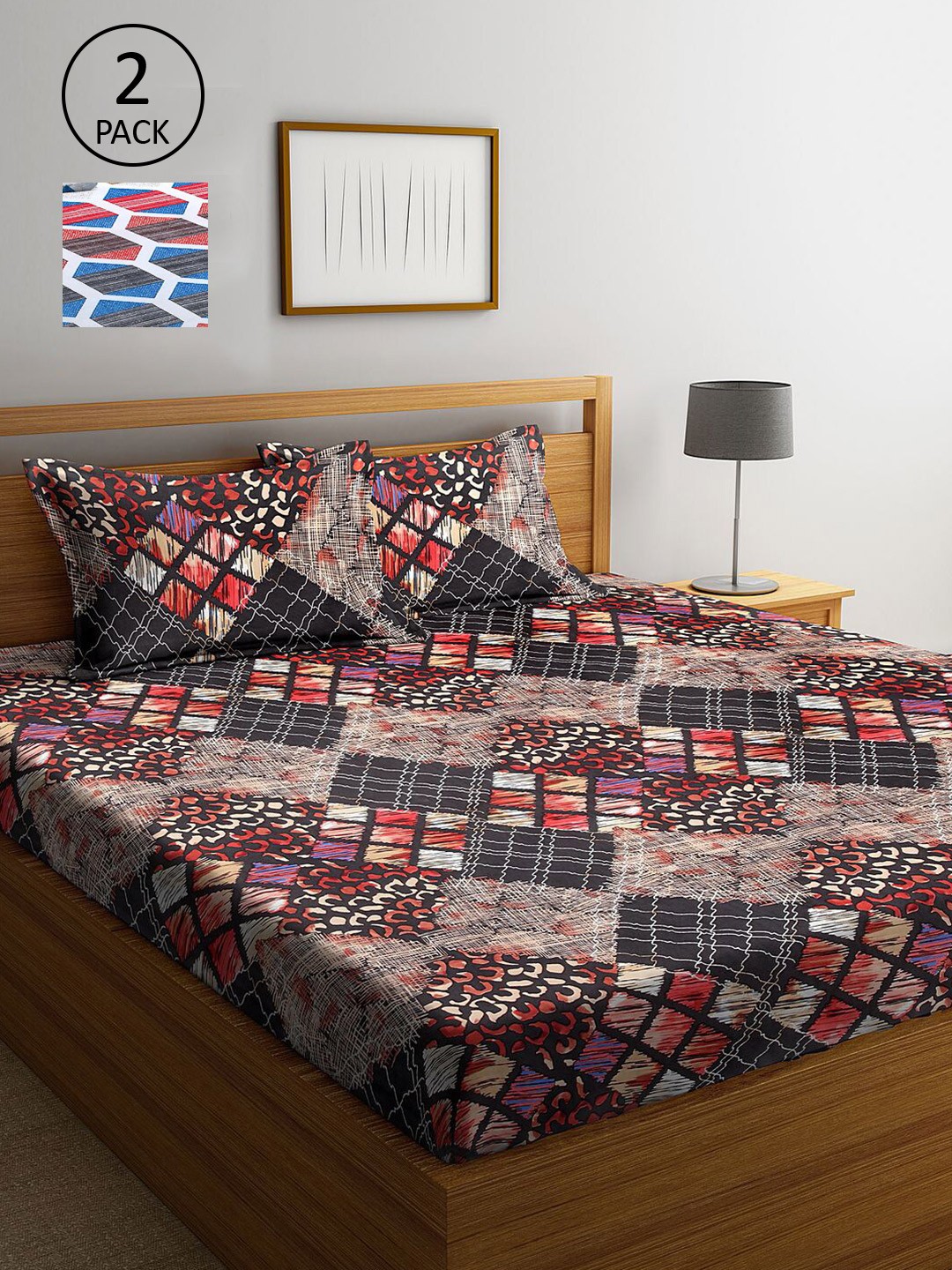 

KLOTTHE Black & Blue Printed 210 TC 2 King Bedsheet with 4 Pillow Covers
