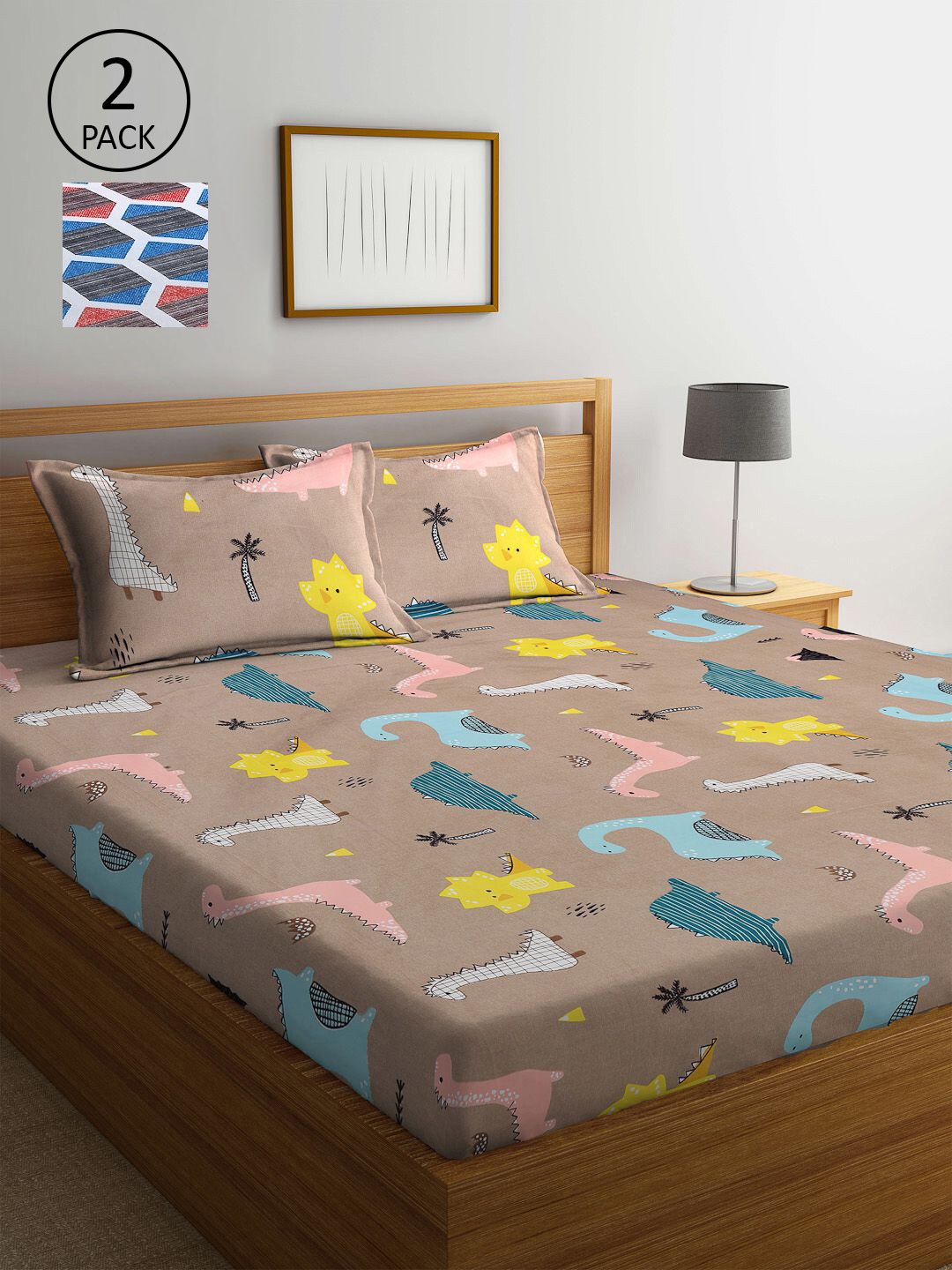 

KLOTTHE Brown & Blue Cartoon Characters 210 TC 2 King Bedsheet with 4 Pillow Covers