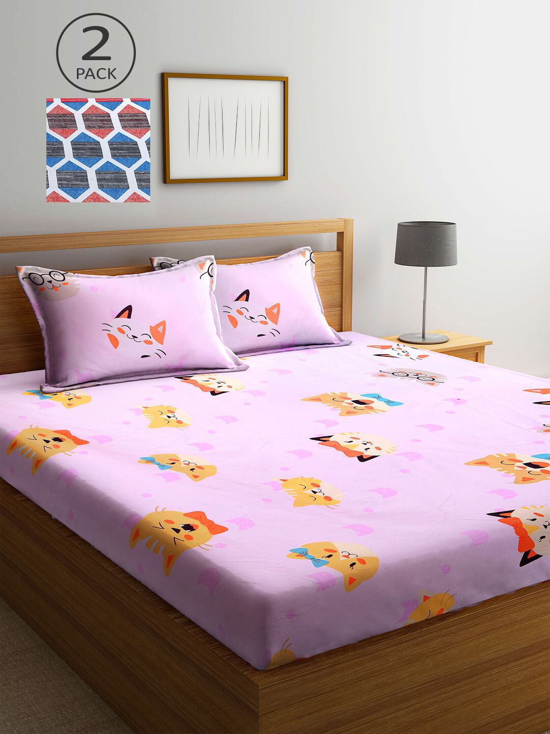 

KLOTTHE Pink & Blue Printed 210 TC 2 King Bedsheet with 4 Pillow Covers
